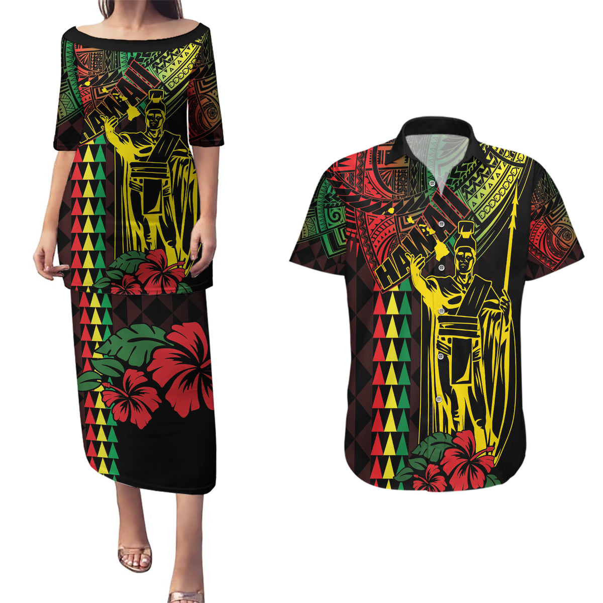 King Kamehameha Day Couples Matching Puletasi and Hawaiian Shirt Hawaii Kakau Reggae