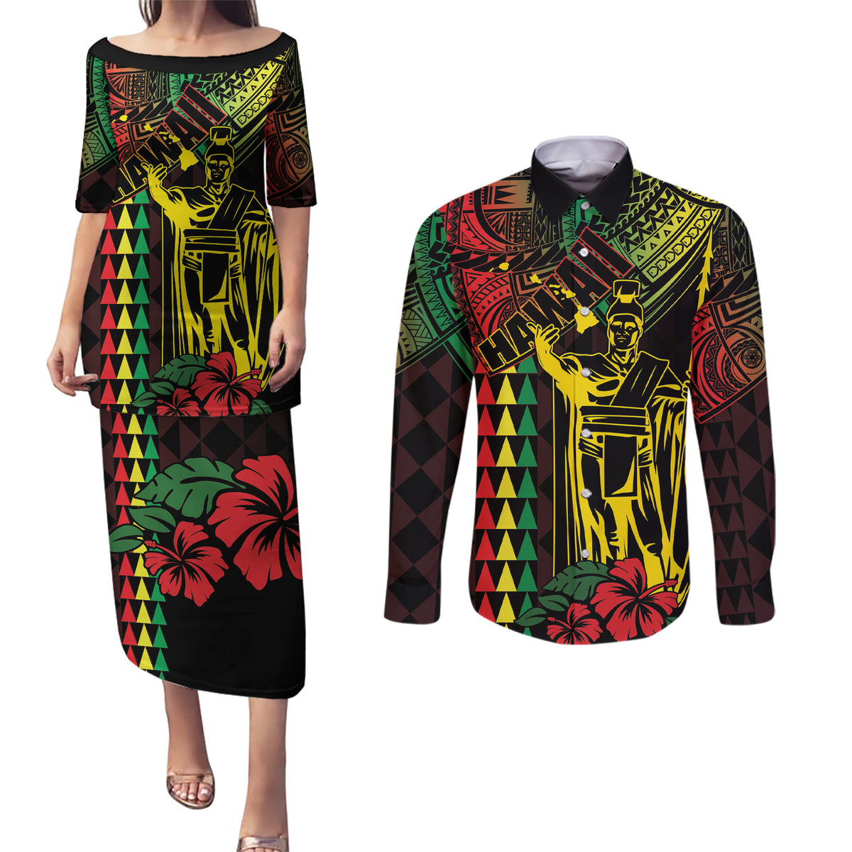 King Kamehameha Day Couples Matching Puletasi and Long Sleeve Button Shirt Hawaii Kakau Reggae