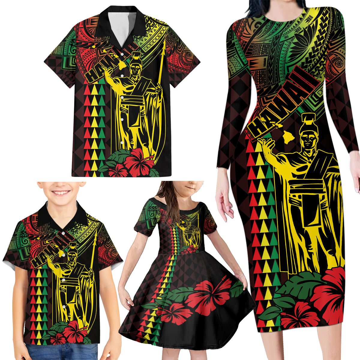 King Kamehameha Day Family Matching Long Sleeve Bodycon Dress and Hawaiian Shirt Hawaii Kakau Reggae LT01 - Polynesian Pride