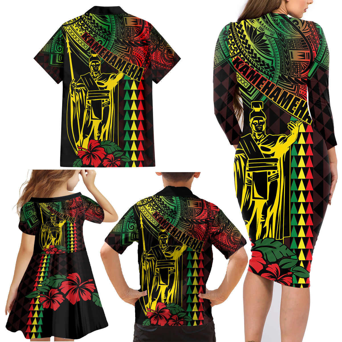 King Kamehameha Day Family Matching Long Sleeve Bodycon Dress and Hawaiian Shirt Hawaii Kakau Reggae LT01 - Polynesian Pride