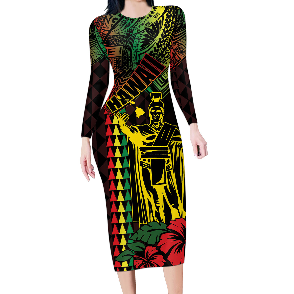 King Kamehameha Day Family Matching Long Sleeve Bodycon Dress and Hawaiian Shirt Hawaii Kakau Reggae LT01 Mom's Dress Black - Polynesian Pride