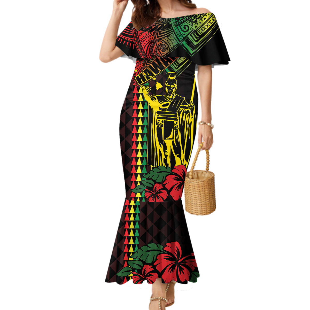 King Kamehameha Day Family Matching Mermaid Dress and Hawaiian Shirt Hawaii Kakau Reggae LT01 Mom's Dress Black - Polynesian Pride