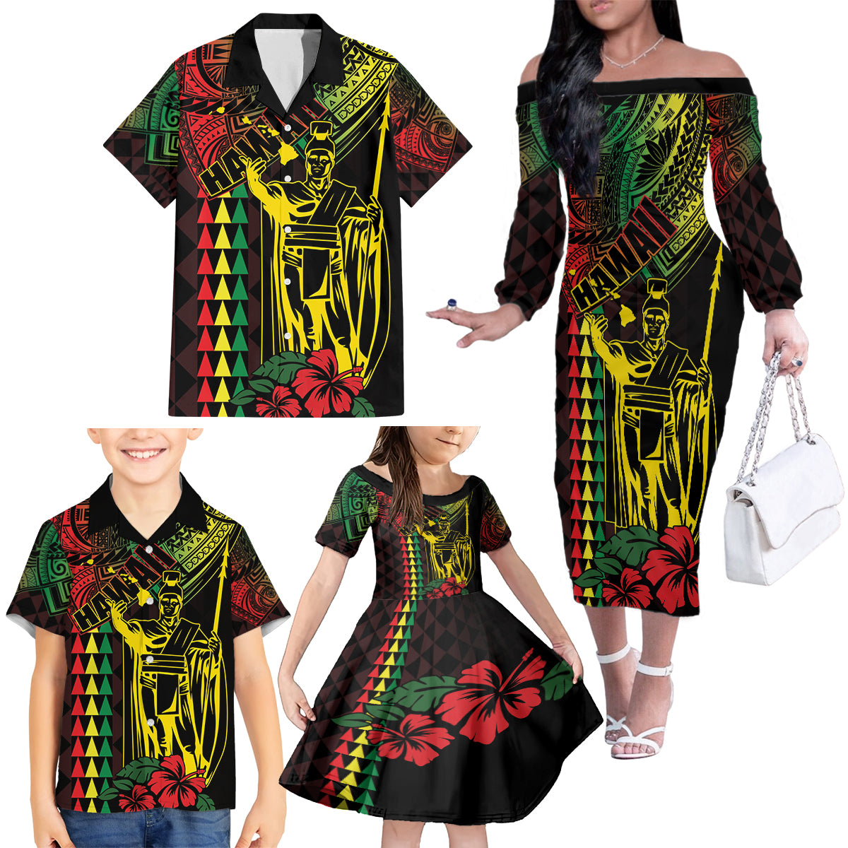 King Kamehameha Day Family Matching Off The Shoulder Long Sleeve Dress and Hawaiian Shirt Hawaii Kakau Reggae LT01 - Polynesian Pride