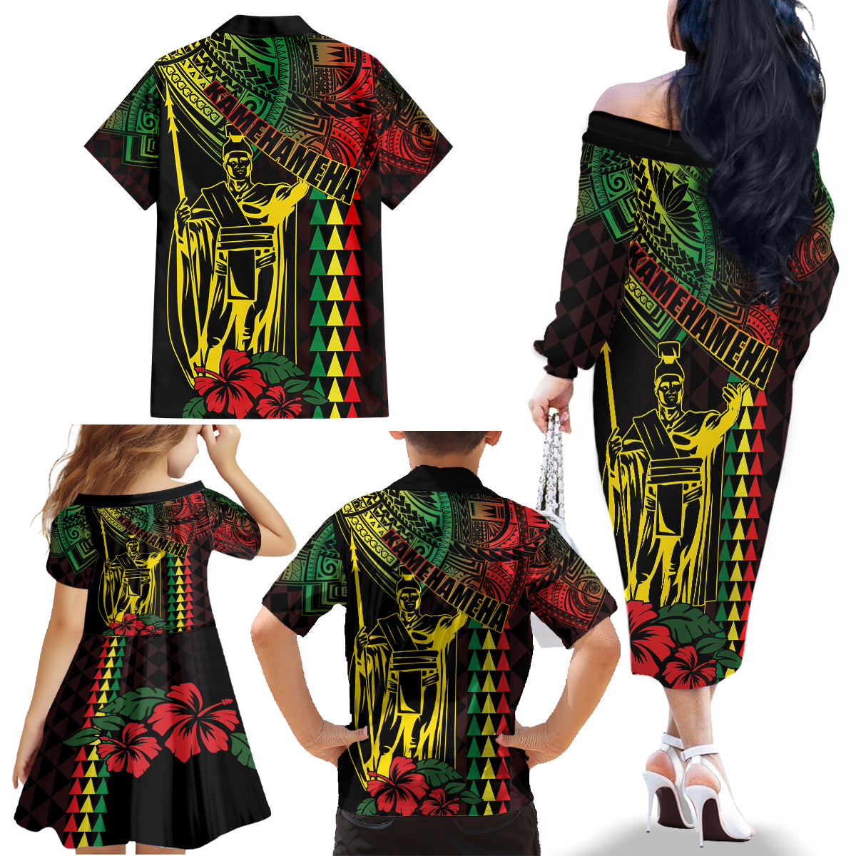 King Kamehameha Day Family Matching Off The Shoulder Long Sleeve Dress and Hawaiian Shirt Hawaii Kakau Reggae LT01 - Polynesian Pride