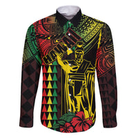 King Kamehameha Day Family Matching Off The Shoulder Long Sleeve Dress and Hawaiian Shirt Hawaii Kakau Reggae LT01 Dad's Shirt - Long Sleeve Black - Polynesian Pride