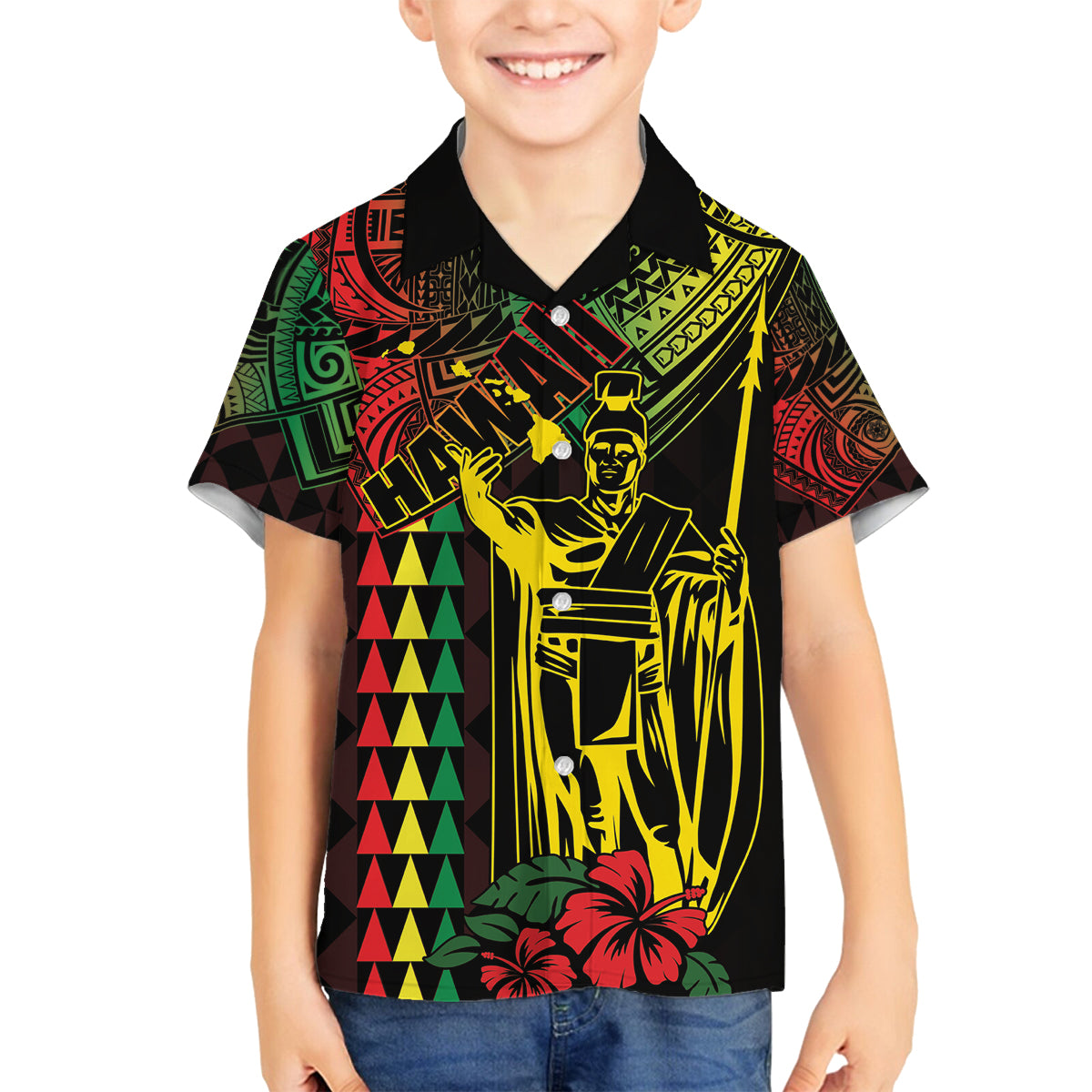 King Kamehameha Day Family Matching Off The Shoulder Long Sleeve Dress and Hawaiian Shirt Hawaii Kakau Reggae LT01 Son's Shirt Black - Polynesian Pride