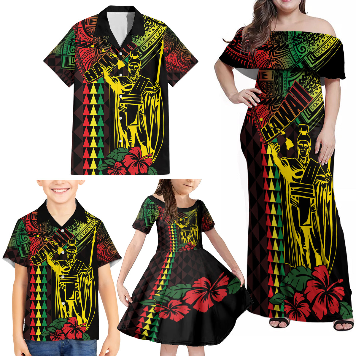 King Kamehameha Day Family Matching Off Shoulder Maxi Dress and Hawaiian Shirt Hawaii Kakau Reggae LT01 - Polynesian Pride
