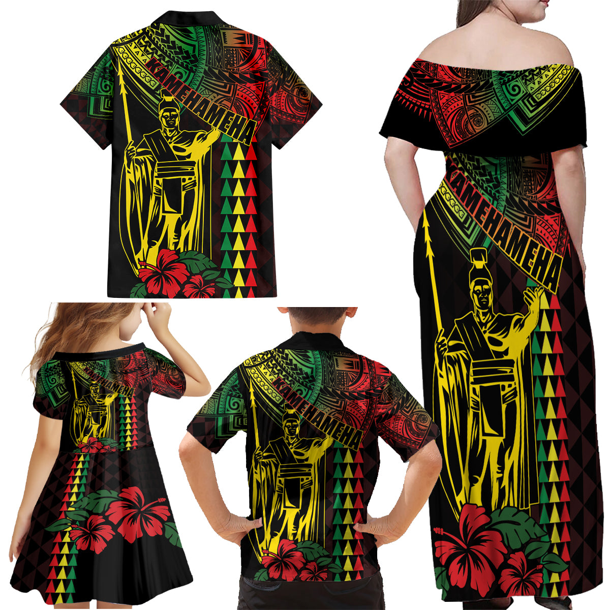 King Kamehameha Day Family Matching Off Shoulder Maxi Dress and Hawaiian Shirt Hawaii Kakau Reggae LT01 - Polynesian Pride