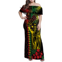 King Kamehameha Day Family Matching Off Shoulder Maxi Dress and Hawaiian Shirt Hawaii Kakau Reggae LT01 Mom's Dress Black - Polynesian Pride