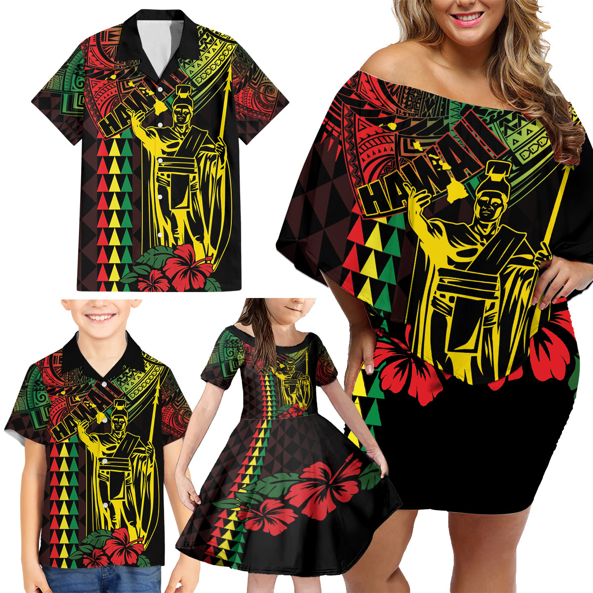 King Kamehameha Day Family Matching Off Shoulder Short Dress and Hawaiian Shirt Hawaii Kakau Reggae LT01 - Polynesian Pride