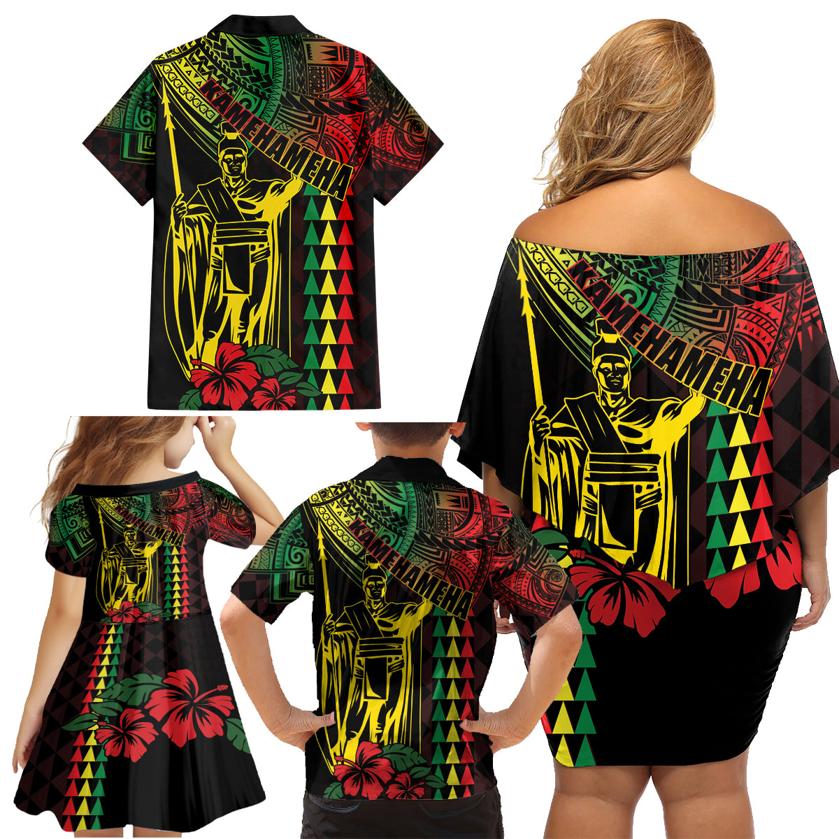 King Kamehameha Day Family Matching Off Shoulder Short Dress and Hawaiian Shirt Hawaii Kakau Reggae LT01 - Polynesian Pride