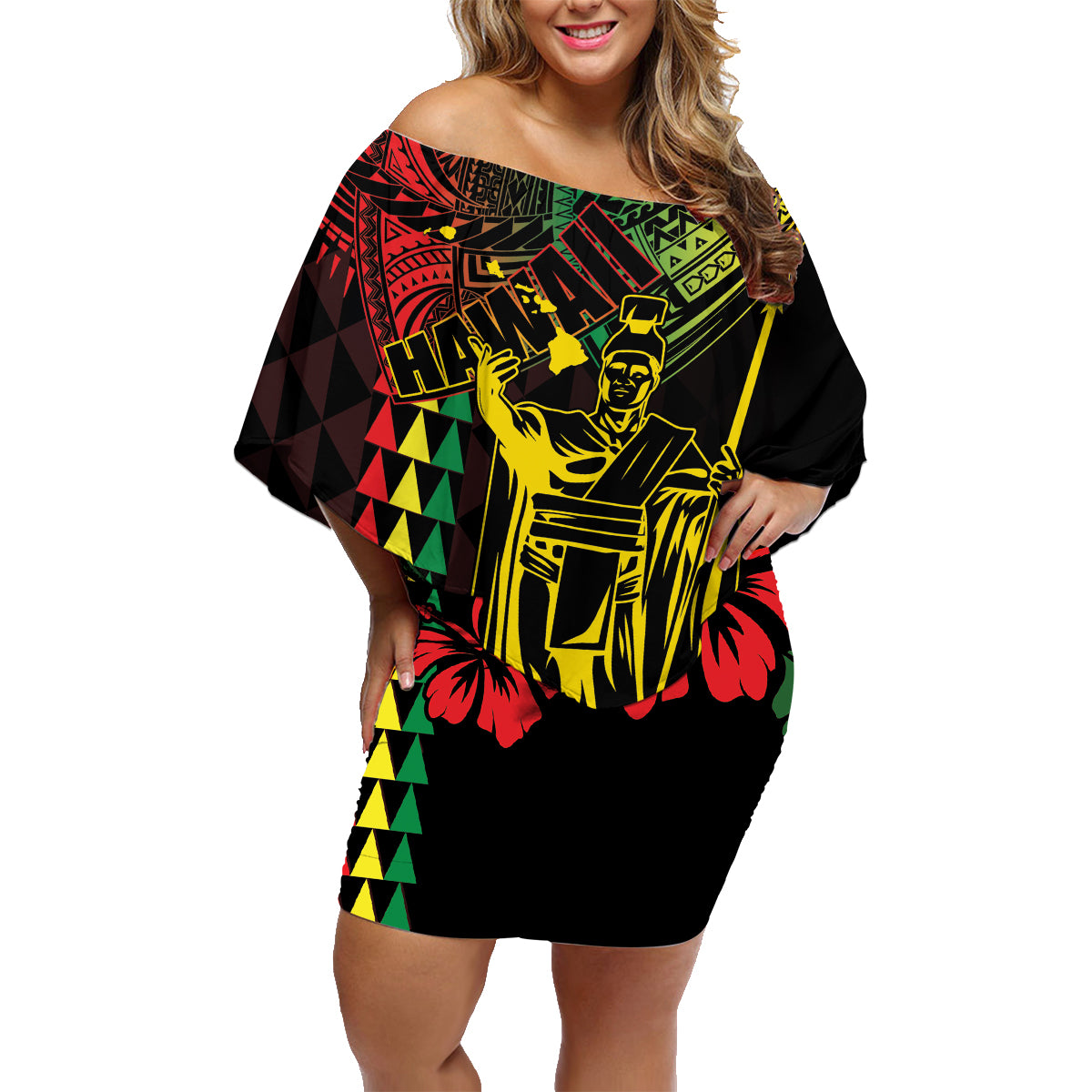 King Kamehameha Day Family Matching Off Shoulder Short Dress and Hawaiian Shirt Hawaii Kakau Reggae LT01 Mom's Dress Black - Polynesian Pride