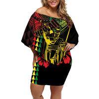 King Kamehameha Day Family Matching Off Shoulder Short Dress and Hawaiian Shirt Hawaii Kakau Reggae LT01 Mom's Dress Black - Polynesian Pride