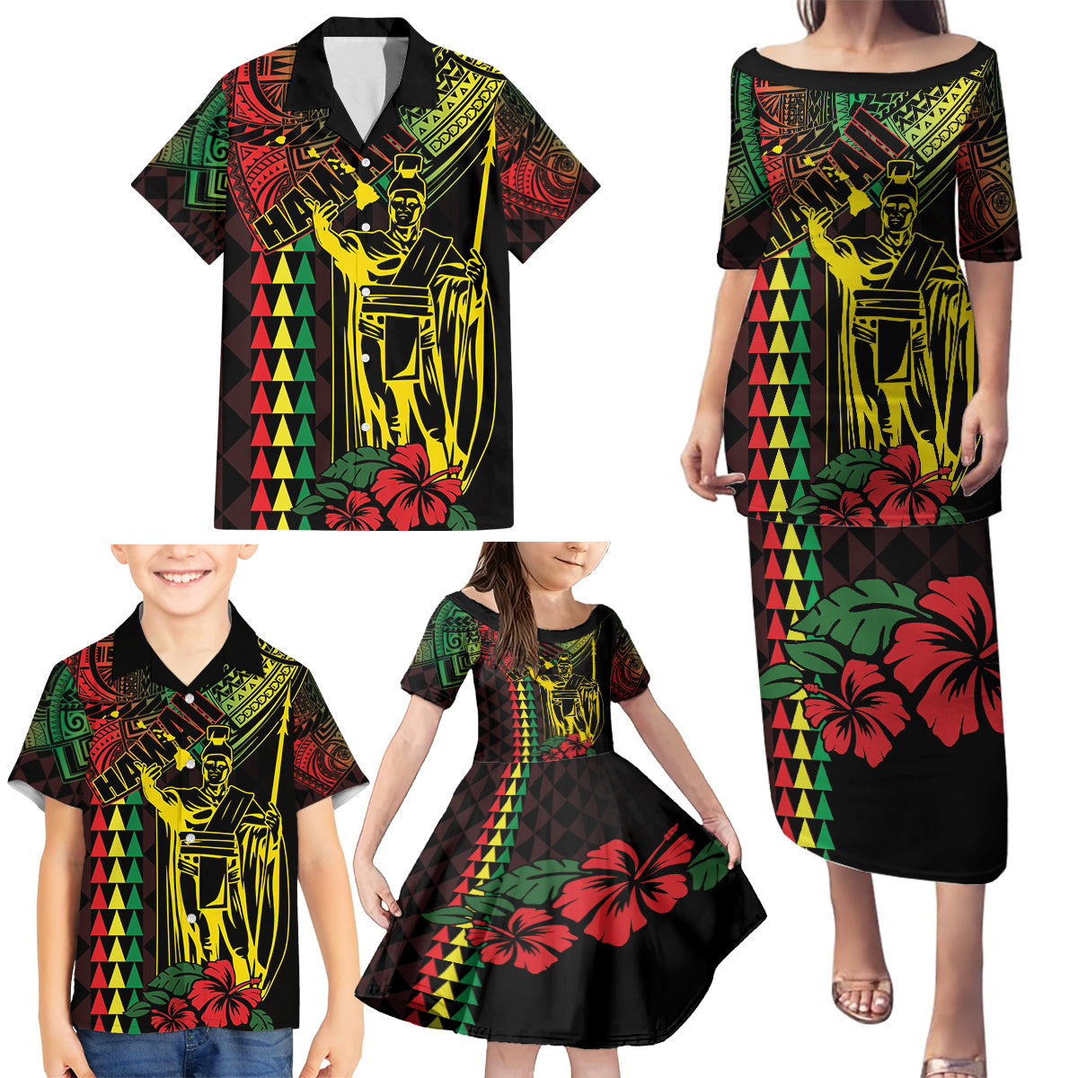 King Kamehameha Day Family Matching Puletasi and Hawaiian Shirt Hawaii Kakau Reggae LT01 - Polynesian Pride