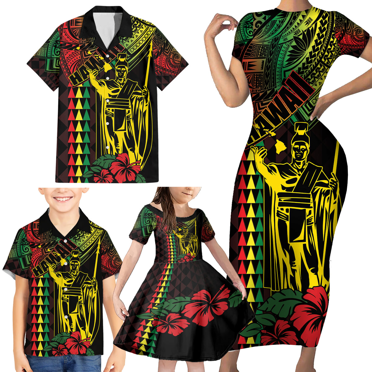 King Kamehameha Day Family Matching Short Sleeve Bodycon Dress and Hawaiian Shirt Hawaii Kakau Reggae LT01 - Polynesian Pride