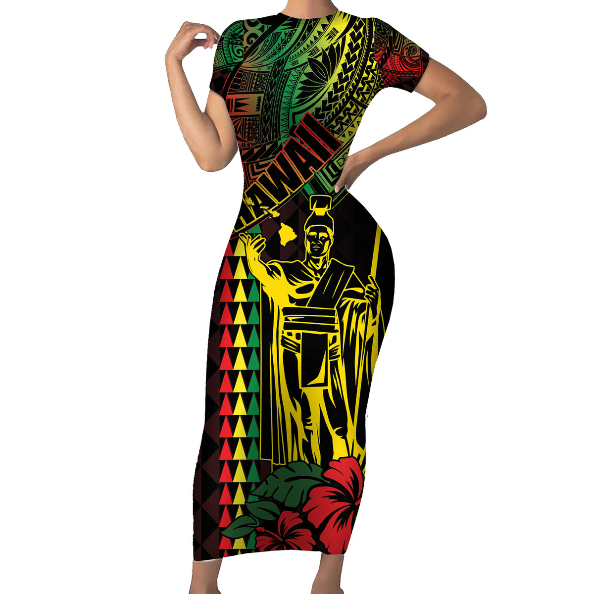 King Kamehameha Day Family Matching Short Sleeve Bodycon Dress and Hawaiian Shirt Hawaii Kakau Reggae LT01 Mom's Dress Black - Polynesian Pride