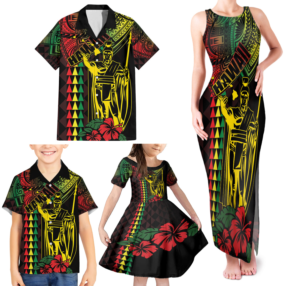 King Kamehameha Day Family Matching Tank Maxi Dress and Hawaiian Shirt Hawaii Kakau Reggae LT01 - Polynesian Pride