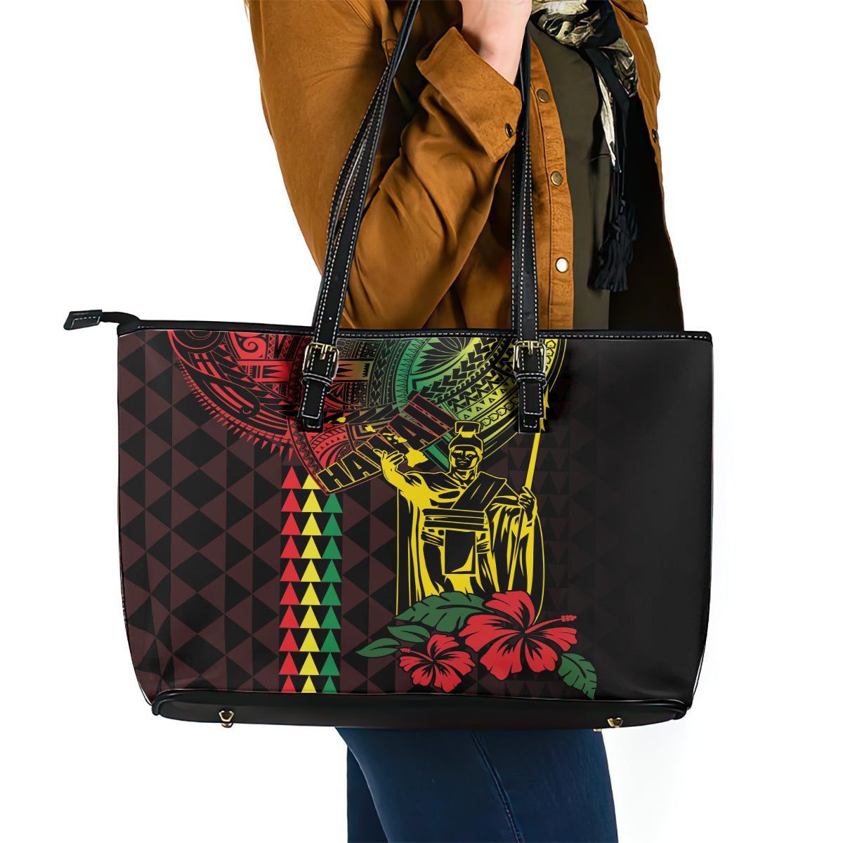 King Kamehameha Day Leather Tote Bag Hawaii Kakau Reggae