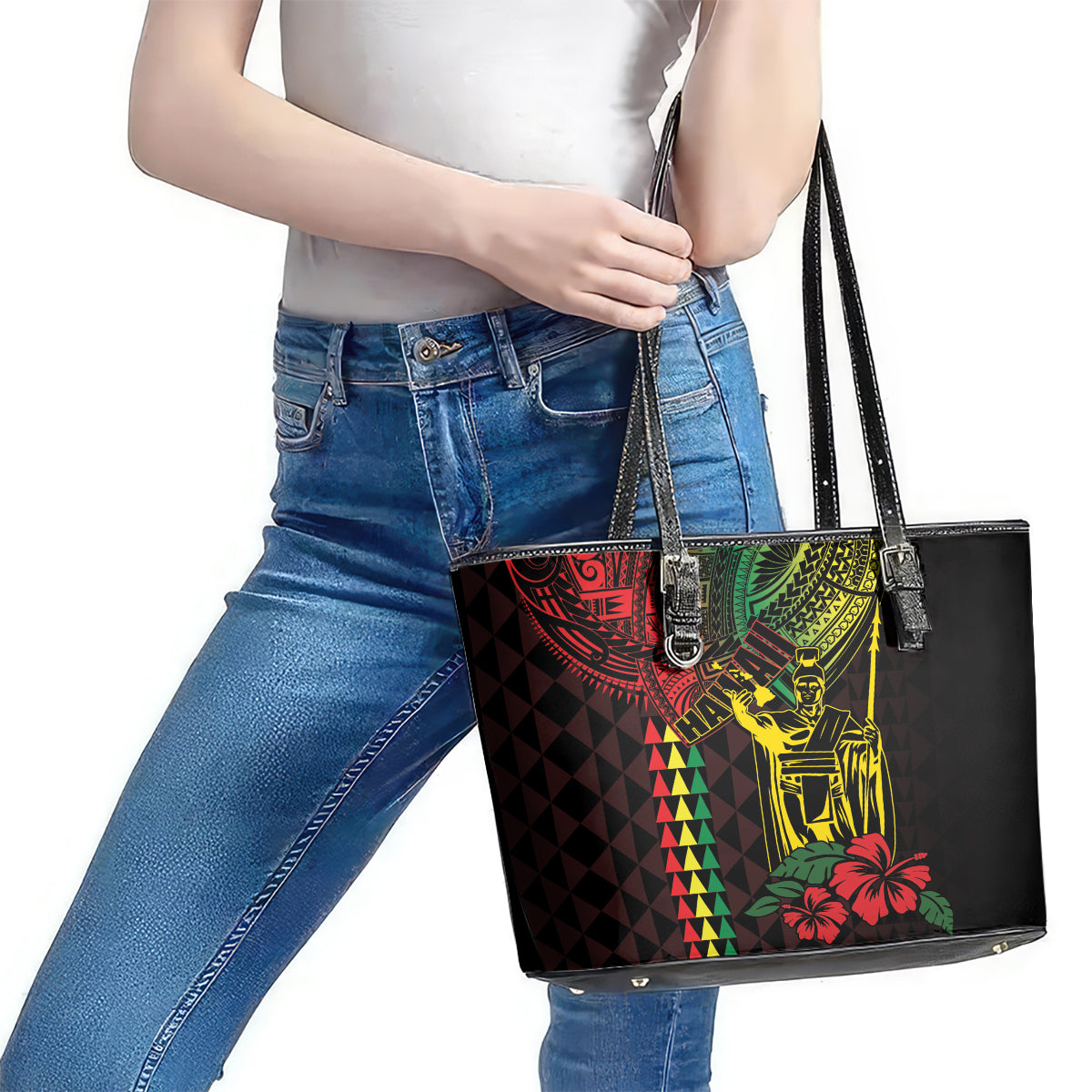King Kamehameha Day Leather Tote Bag Hawaii Kakau Reggae
