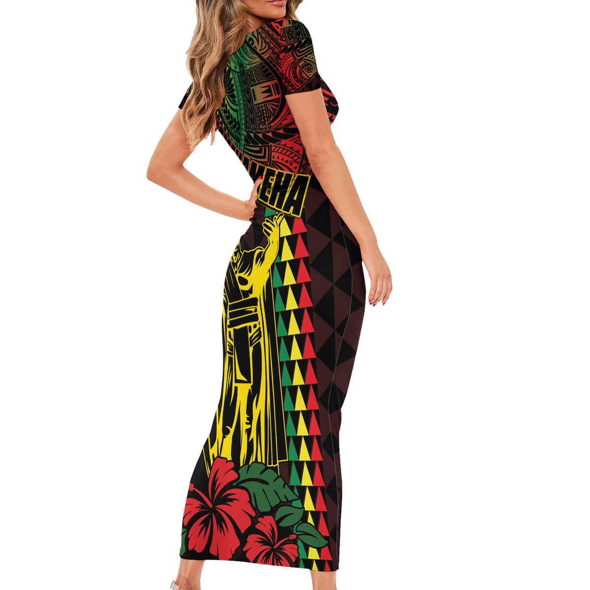 King Kamehameha Day Short Sleeve Bodycon Dress Hawaii Kakau Reggae