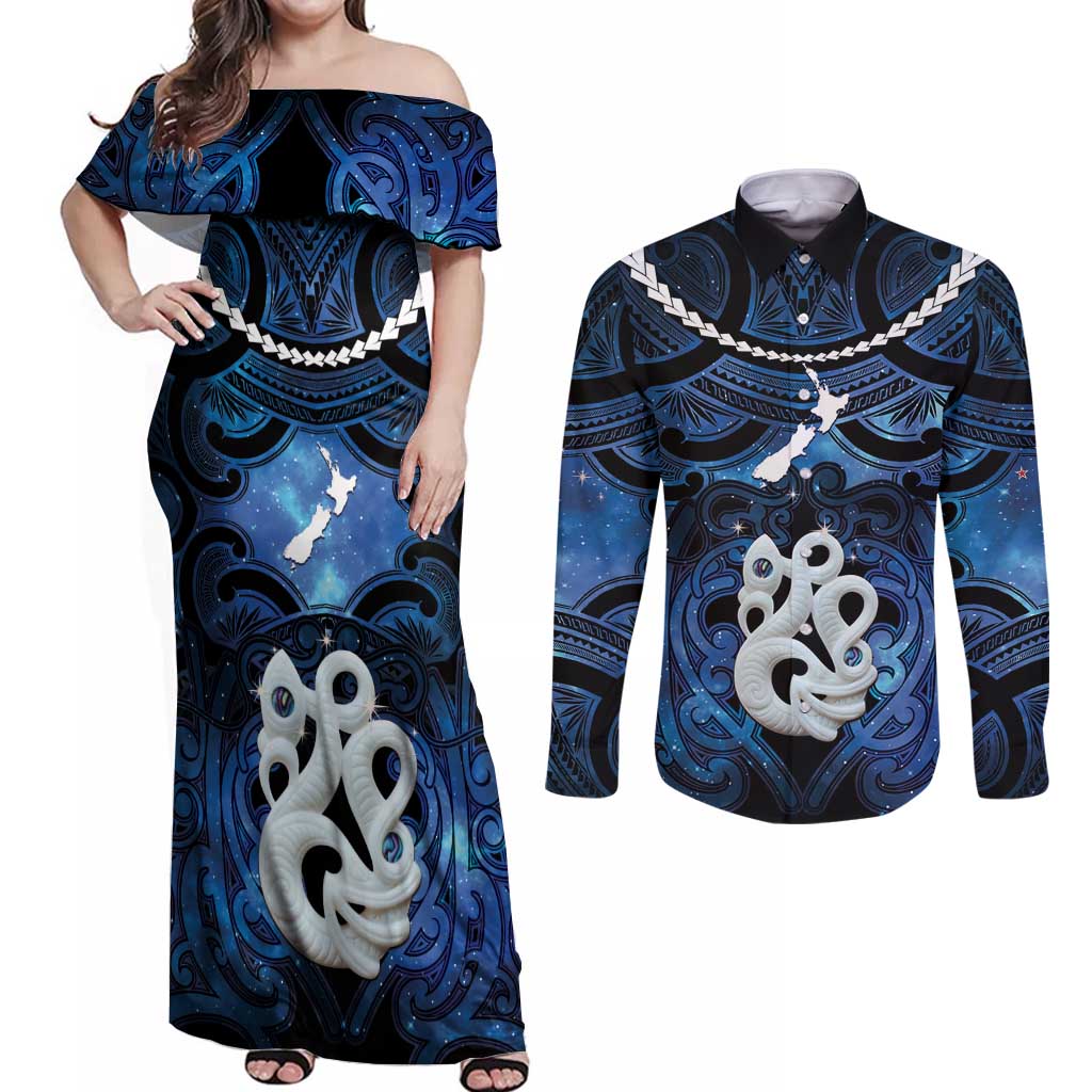 Personalized Maori Matariki Manaia Couples Matching Off Shoulder Maxi Dress and Long Sleeve Button Shirt Maori Kowhaiwhai Pattern Galaxy