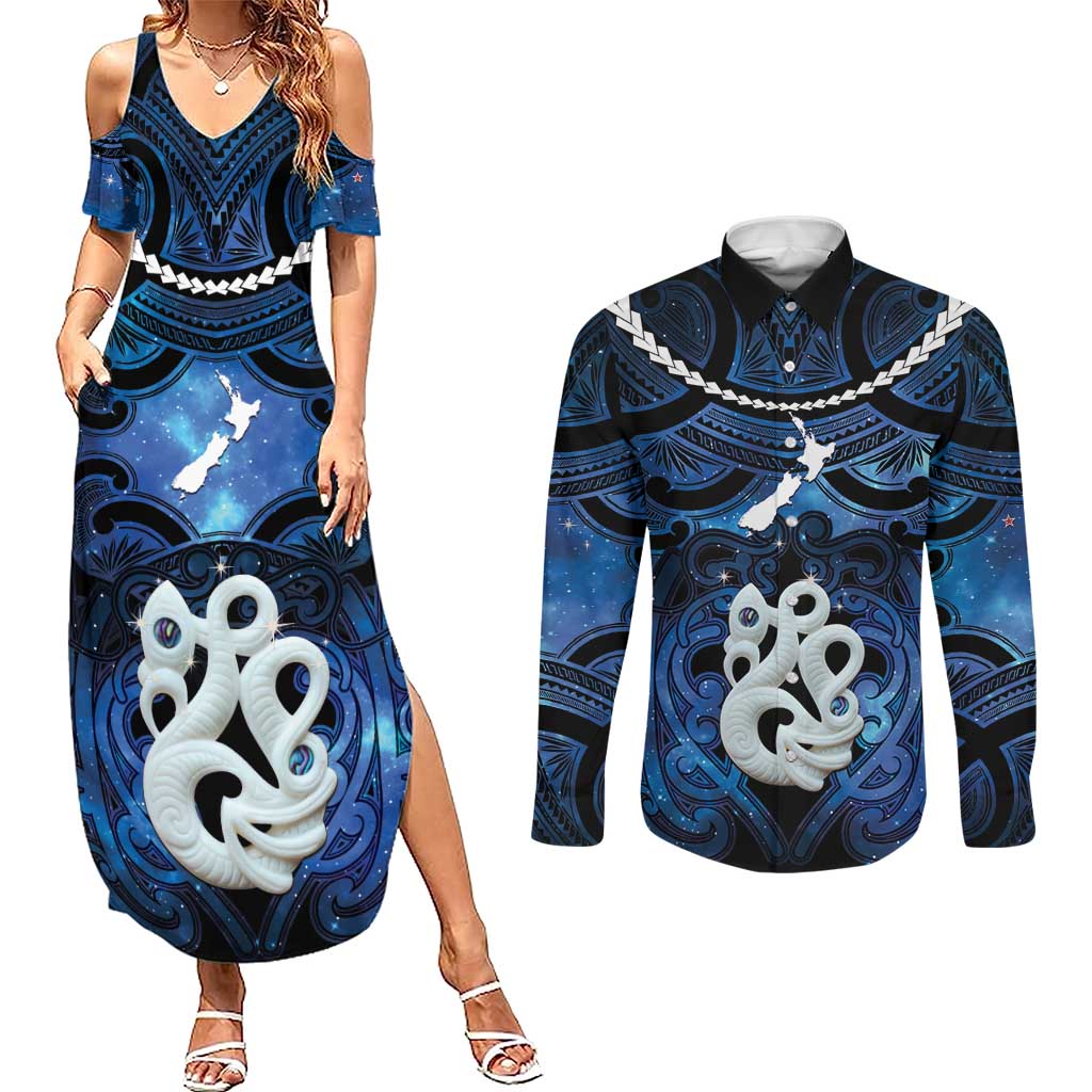 Personalized Maori Matariki Manaia Couples Matching Summer Maxi Dress and Long Sleeve Button Shirt Maori Kowhaiwhai Pattern Galaxy