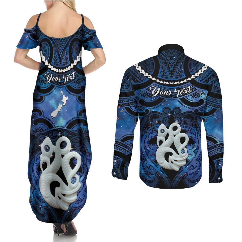 Personalized Maori Matariki Manaia Couples Matching Summer Maxi Dress and Long Sleeve Button Shirt Maori Kowhaiwhai Pattern Galaxy