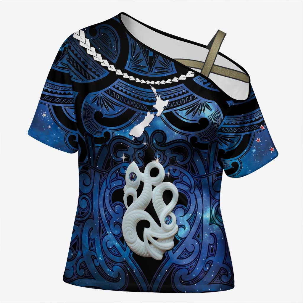 Personalized Maori Matariki Manaia Cross Shoulder Shirt Maori Kowhaiwhai Pattern Galaxy