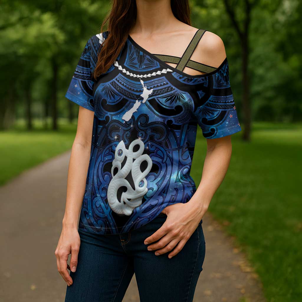 Personalized Maori Matariki Manaia Cross Shoulder Shirt Maori Kowhaiwhai Pattern Galaxy