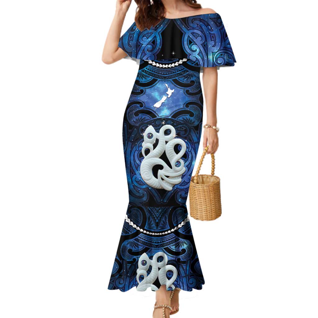 Personalized Maori Matariki Manaia Family Matching Mermaid Dress and Hawaiian Shirt Maori Kowhaiwhai Pattern Galaxy LT01 Mom's Dress Blue - Polynesian Pride