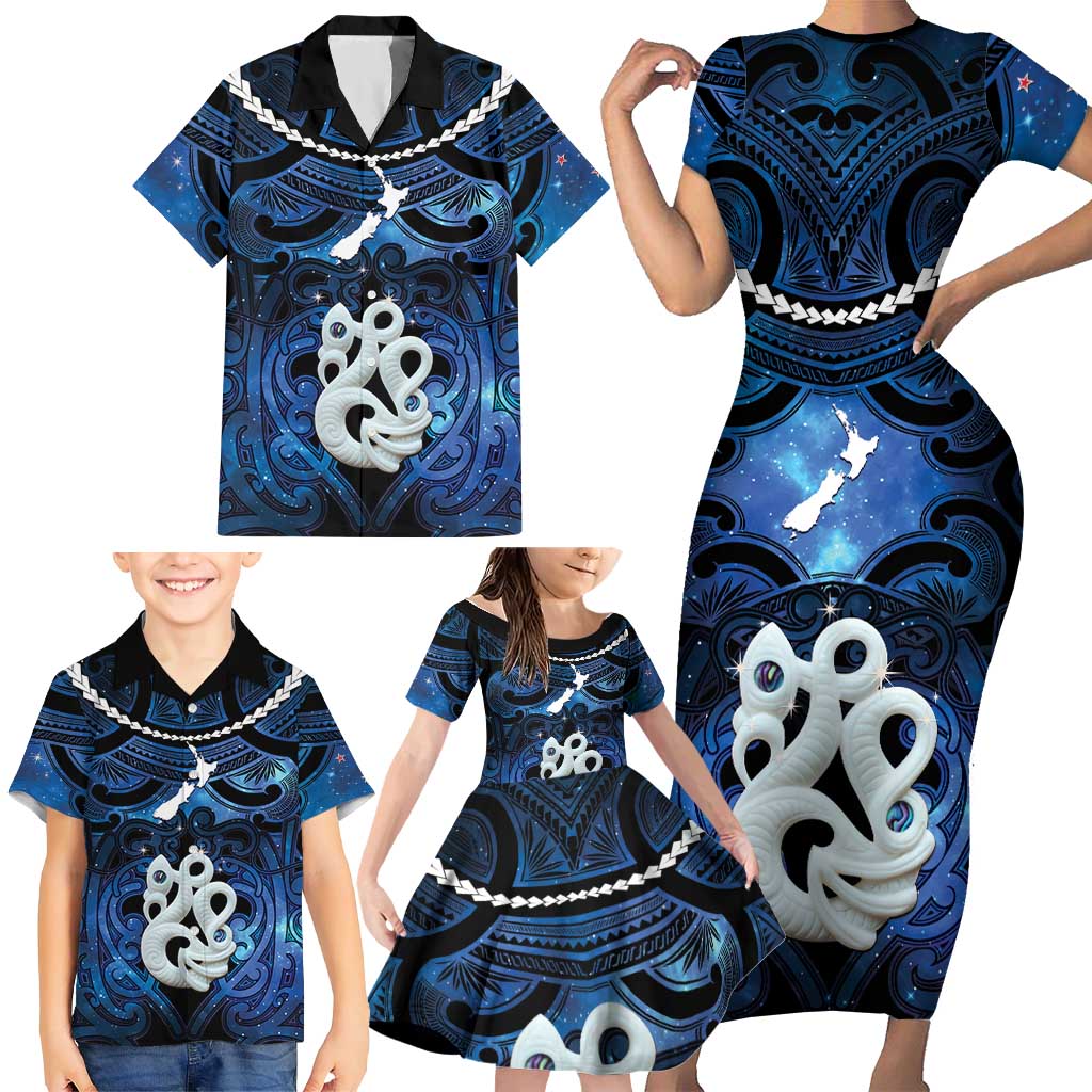 Personalized Maori Matariki Manaia Family Matching Short Sleeve Bodycon Dress and Hawaiian Shirt Maori Kowhaiwhai Pattern Galaxy LT01 - Polynesian Pride