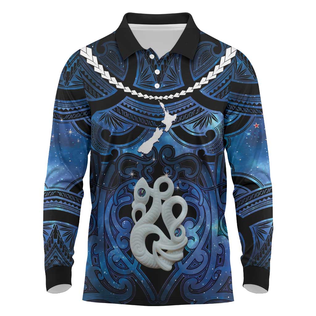 Personalized Maori Matariki Manaia Long Sleeve Polo Shirt Maori Kowhaiwhai Pattern Galaxy
