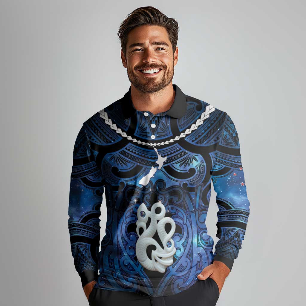 Personalized Maori Matariki Manaia Long Sleeve Polo Shirt Maori Kowhaiwhai Pattern Galaxy