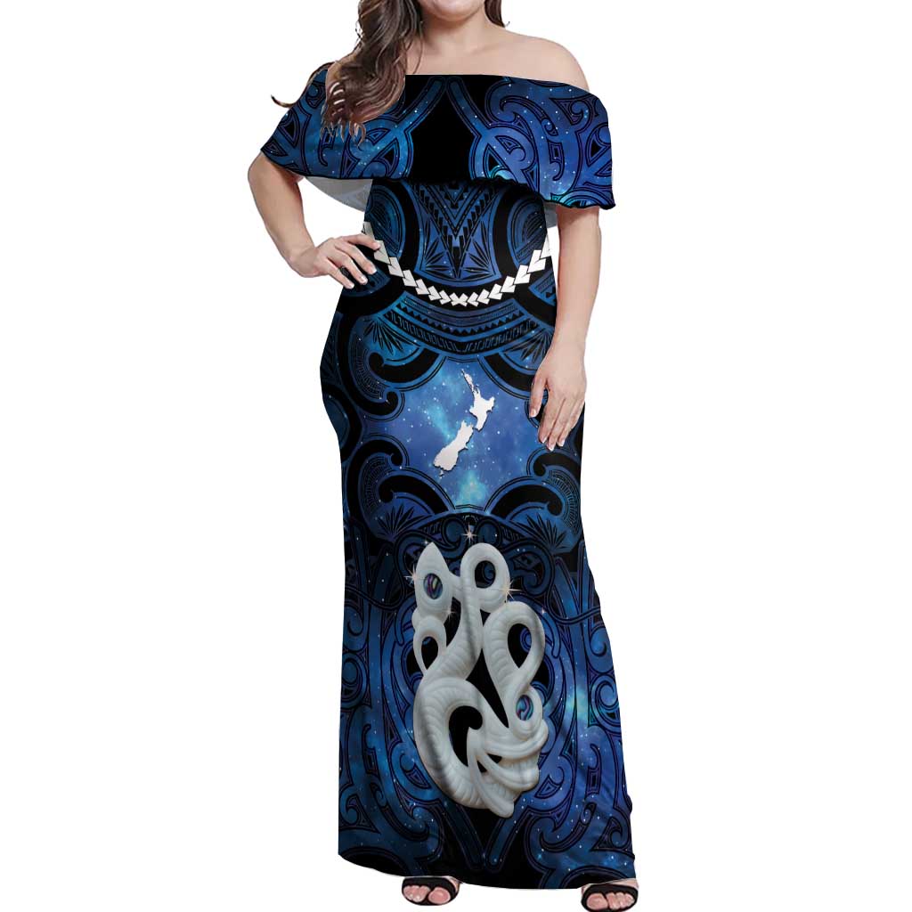 Personalized Maori Matariki Manaia Off Shoulder Maxi Dress Maori Kowhaiwhai Pattern Galaxy