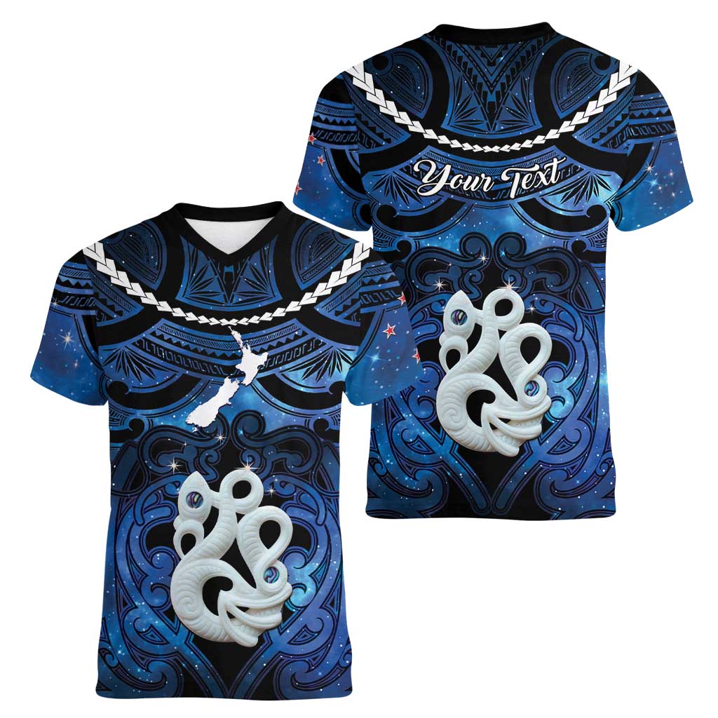 Personalized Maori Matariki Manaia Women V-Neck T-Shirt Maori Kowhaiwhai Pattern Galaxy