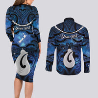 Personalized Maori Matariki Hei Matau Couples Matching Long Sleeve Bodycon Dress and Long Sleeve Button Shirt Maori Kowhaiwhai Pattern Galaxy