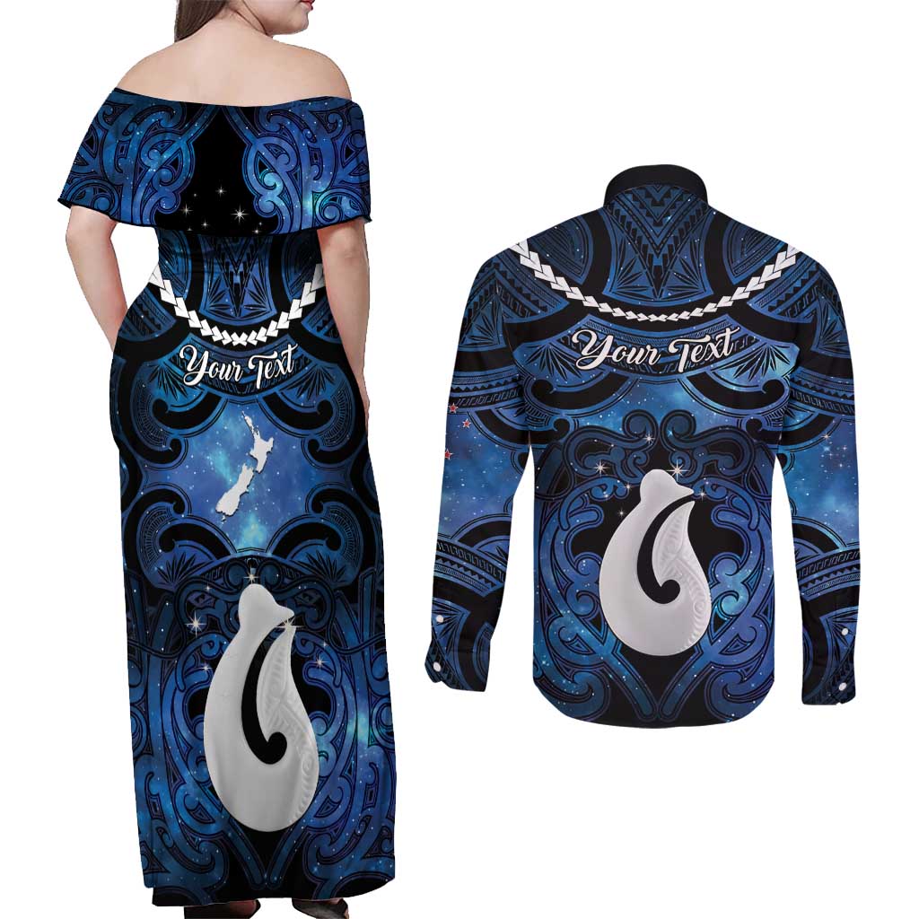 Personalized Maori Matariki Hei Matau Couples Matching Off Shoulder Maxi Dress and Long Sleeve Button Shirt Maori Kowhaiwhai Pattern Galaxy