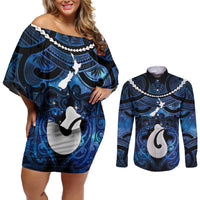 Personalized Maori Matariki Hei Matau Couples Matching Off Shoulder Short Dress and Long Sleeve Button Shirt Maori Kowhaiwhai Pattern Galaxy