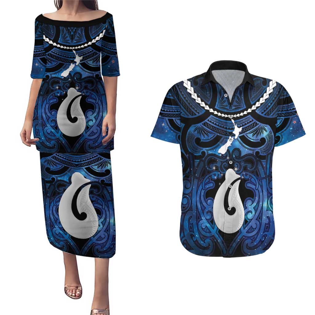 Personalized Maori Matariki Hei Matau Couples Matching Puletasi and Hawaiian Shirt Maori Kowhaiwhai Pattern Galaxy