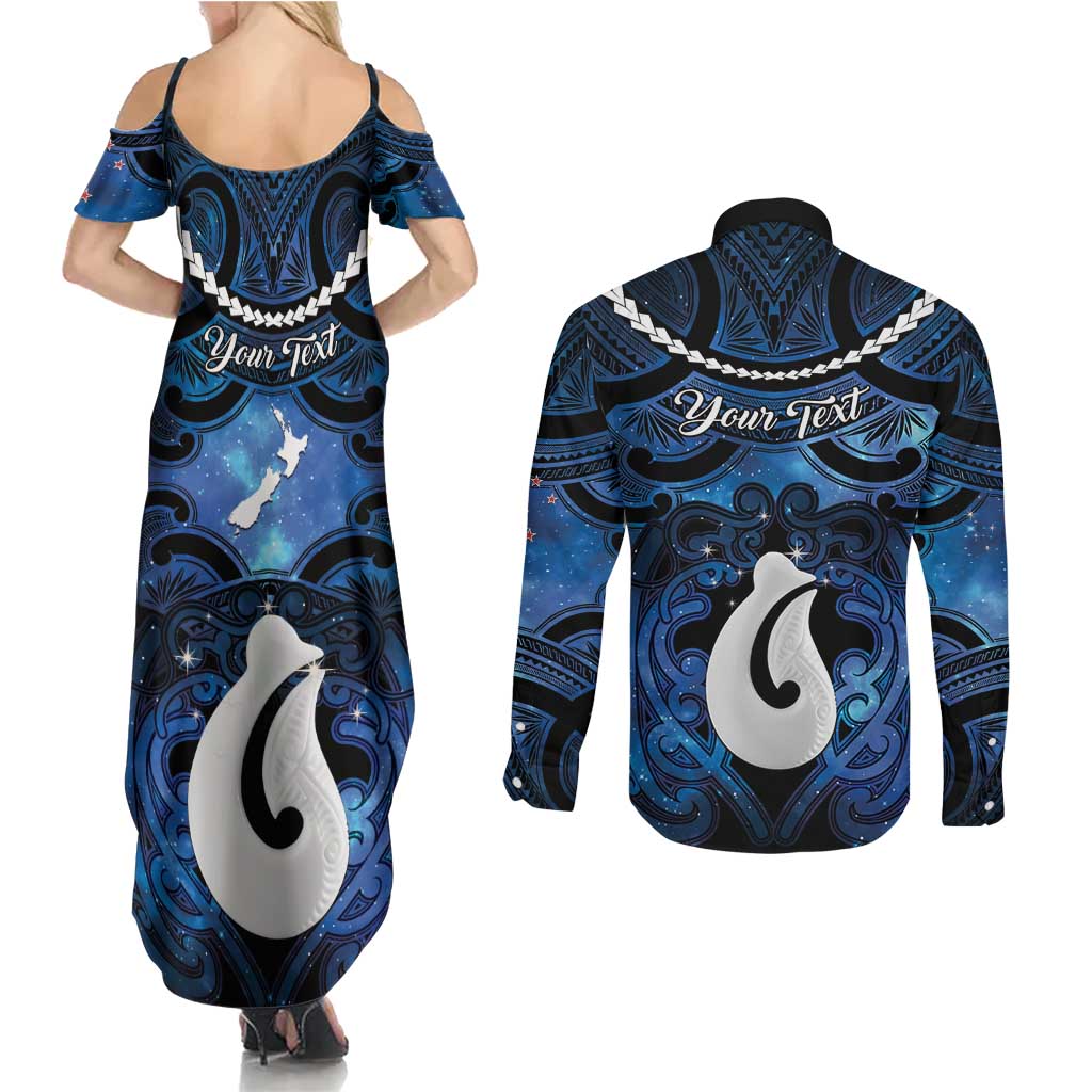 Personalized Maori Matariki Hei Matau Couples Matching Summer Maxi Dress and Long Sleeve Button Shirt Maori Kowhaiwhai Pattern Galaxy