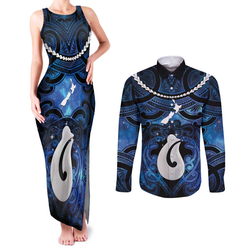 Personalized Maori Matariki Hei Matau Couples Matching Tank Maxi Dress and Long Sleeve Button Shirt Maori Kowhaiwhai Pattern Galaxy
