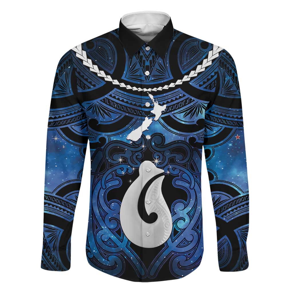 Personalized Maori Matariki Hei Matau Family Matching Long Sleeve Bodycon Dress and Hawaiian Shirt Maori Kowhaiwhai Pattern Galaxy LT01 Dad's Shirt - Long Sleeve Blue - Polynesian Pride