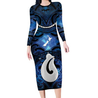 Personalized Maori Matariki Hei Matau Family Matching Long Sleeve Bodycon Dress and Hawaiian Shirt Maori Kowhaiwhai Pattern Galaxy LT01 Mom's Dress Blue - Polynesian Pride