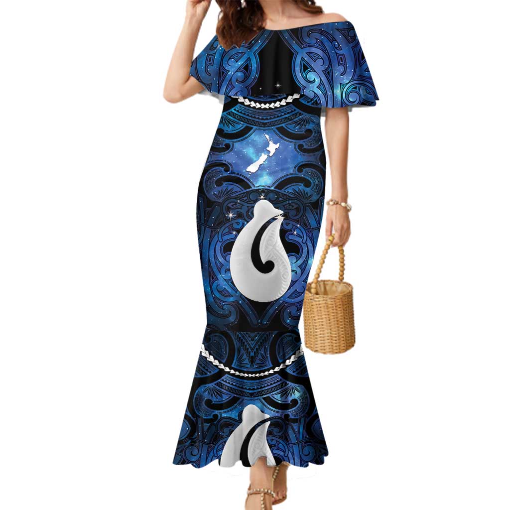 Personalized Maori Matariki Hei Matau Family Matching Mermaid Dress and Hawaiian Shirt Maori Kowhaiwhai Pattern Galaxy LT01 Mom's Dress Blue - Polynesian Pride