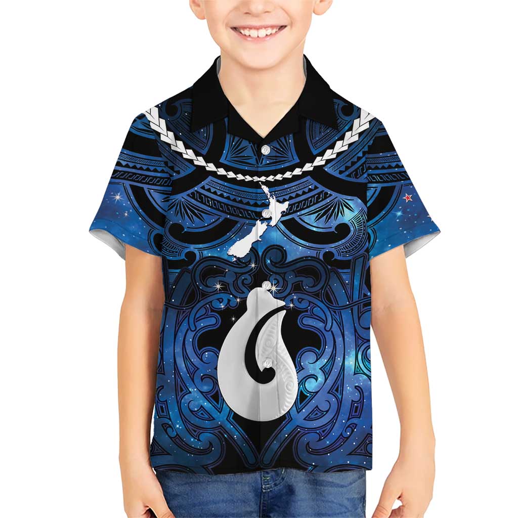 Personalized Maori Matariki Hei Matau Family Matching Off The Shoulder Long Sleeve Dress and Hawaiian Shirt Maori Kowhaiwhai Pattern Galaxy LT01 Son's Shirt Blue - Polynesian Pride