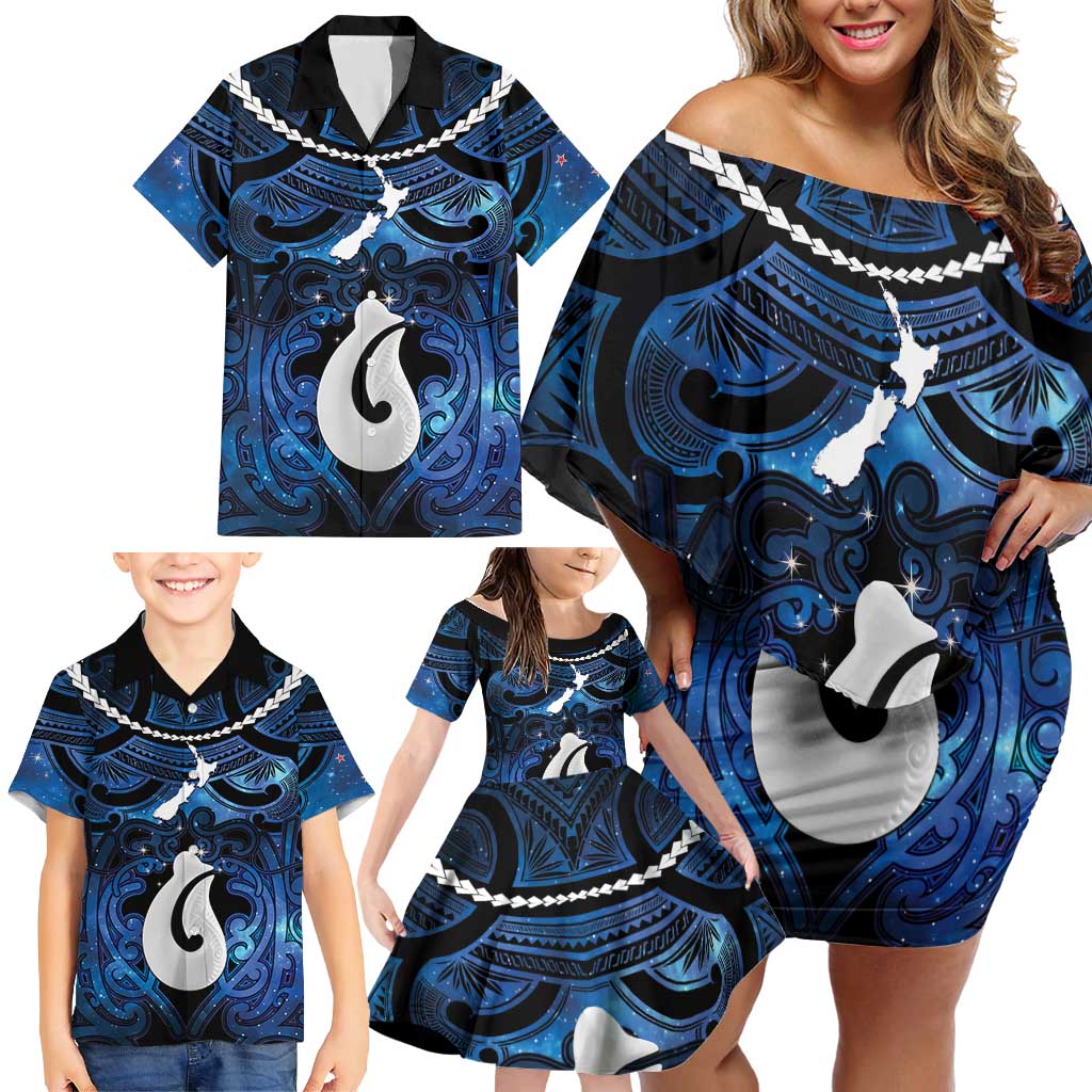 Personalized Maori Matariki Hei Matau Family Matching Off Shoulder Short Dress and Hawaiian Shirt Maori Kowhaiwhai Pattern Galaxy