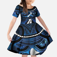 Personalized Maori Matariki Hei Matau Family Matching Short Sleeve Bodycon Dress and Hawaiian Shirt Maori Kowhaiwhai Pattern Galaxy LT01 Daughter's Dress Blue - Polynesian Pride