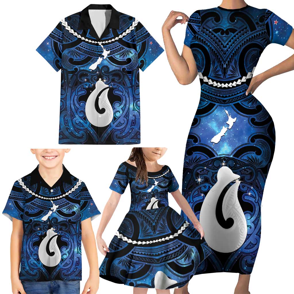 Personalized Maori Matariki Hei Matau Family Matching Short Sleeve Bodycon Dress and Hawaiian Shirt Maori Kowhaiwhai Pattern Galaxy LT01 - Polynesian Pride