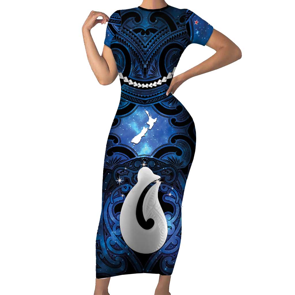 Personalized Maori Matariki Hei Matau Family Matching Short Sleeve Bodycon Dress and Hawaiian Shirt Maori Kowhaiwhai Pattern Galaxy LT01 Mom's Dress Blue - Polynesian Pride