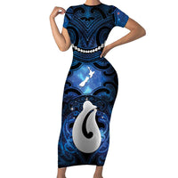 Personalized Maori Matariki Hei Matau Family Matching Short Sleeve Bodycon Dress and Hawaiian Shirt Maori Kowhaiwhai Pattern Galaxy LT01 Mom's Dress Blue - Polynesian Pride
